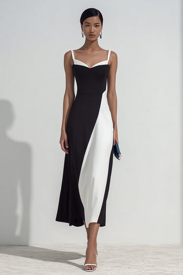 Black and white Simple Sheath Spaghetti Straps Long Formal Dress